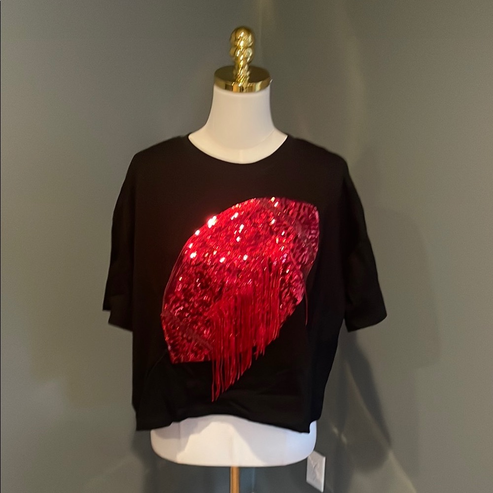 Black Crop Top with Red Sequin Design